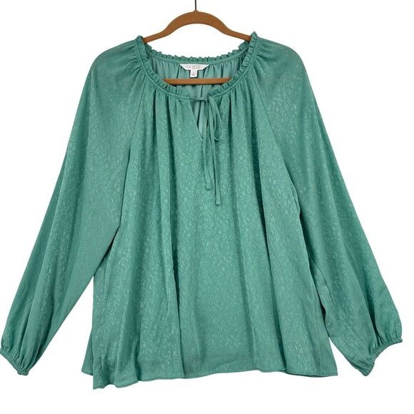 Lauren Conrad Peasant Blouse Size L Green Jacquard Print Lined Balloon Sleeve - Picture 1 of 11